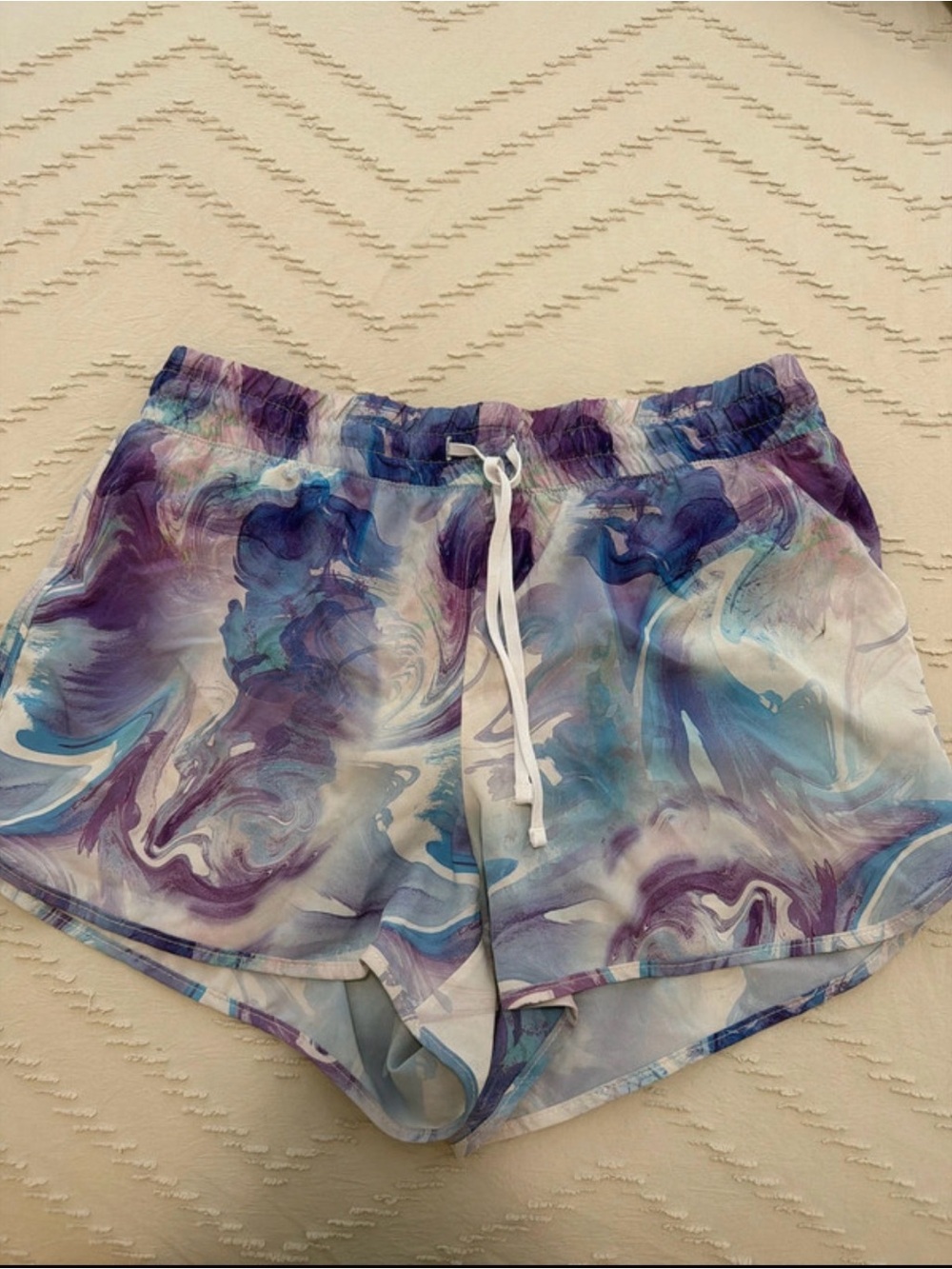 VENUS Marble-Print Athletic Shorts in Purple & Blue with White Drawstring